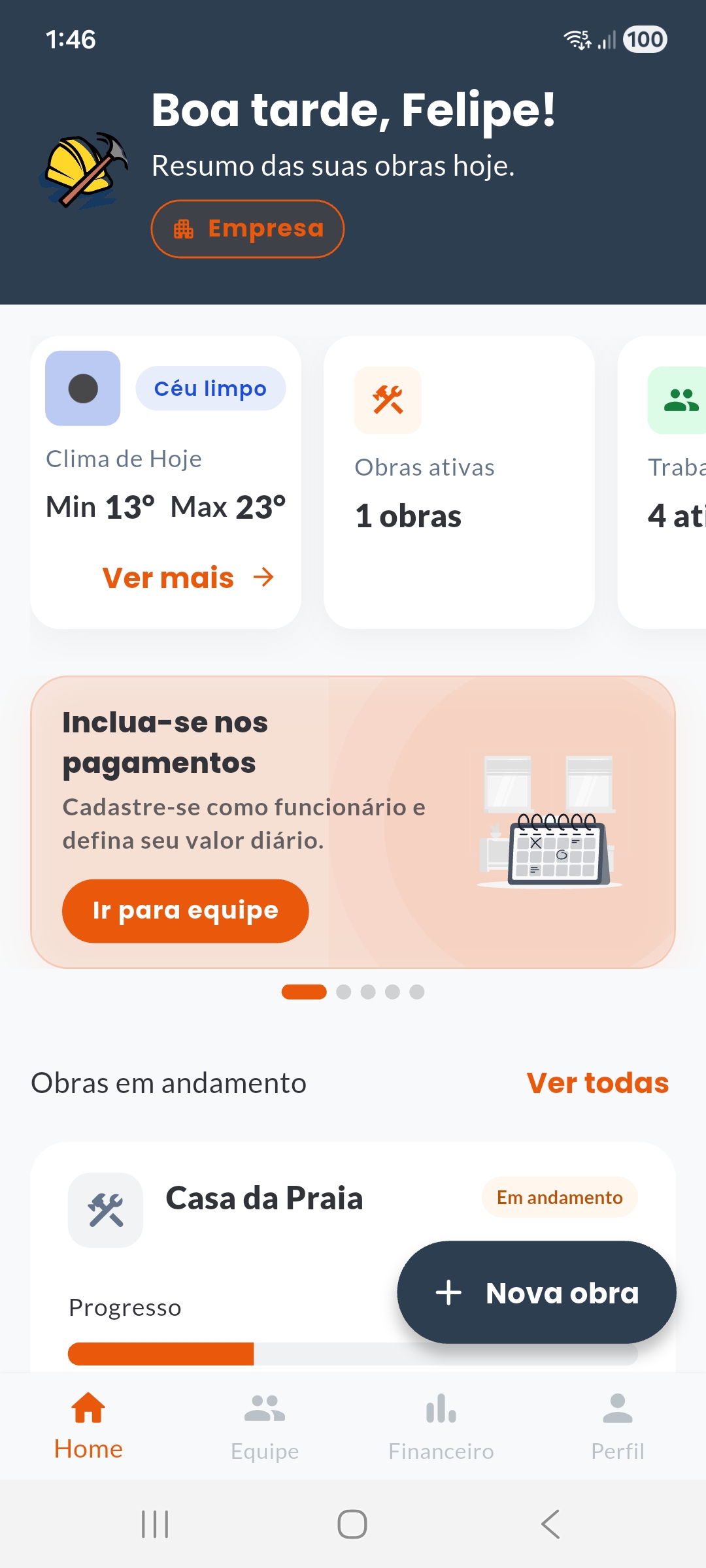 Tela inicial do Obra Pró mostrando o andamento financeiro de uma obra
